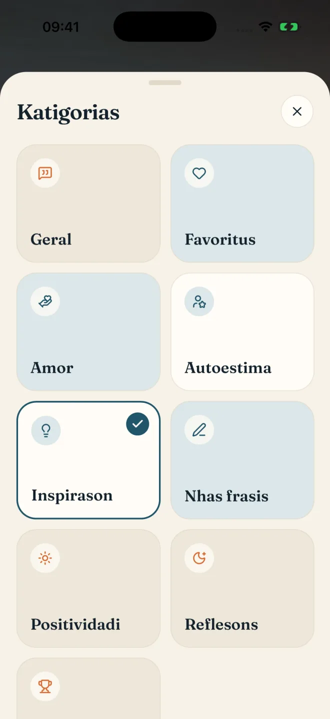 O ecrã de categorias da app: Amor, Autoestima, Inspirason e outras