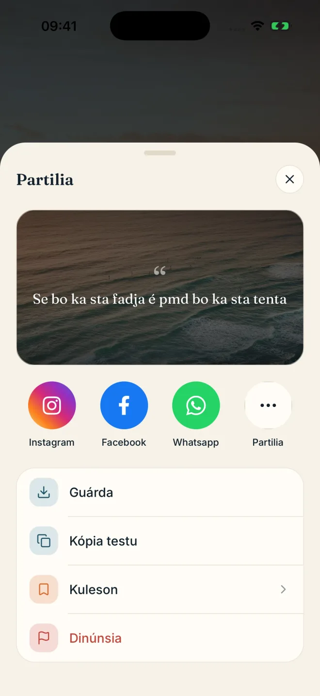 Ecrã de partilha com Instagram, Facebook e WhatsApp
